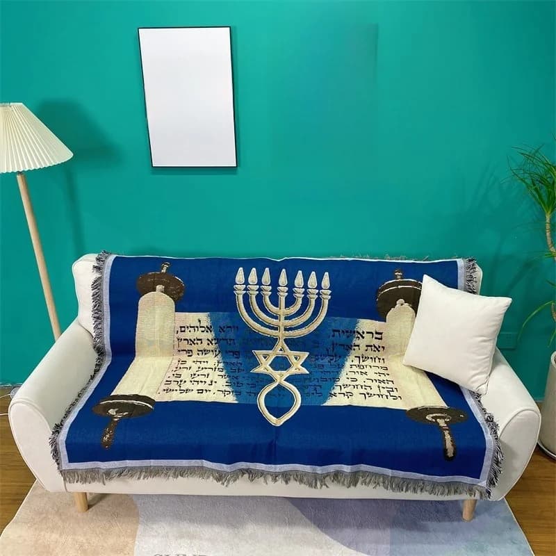 שמיכת ספה סרוגה בסגנון ים תיכוני עם גדילים